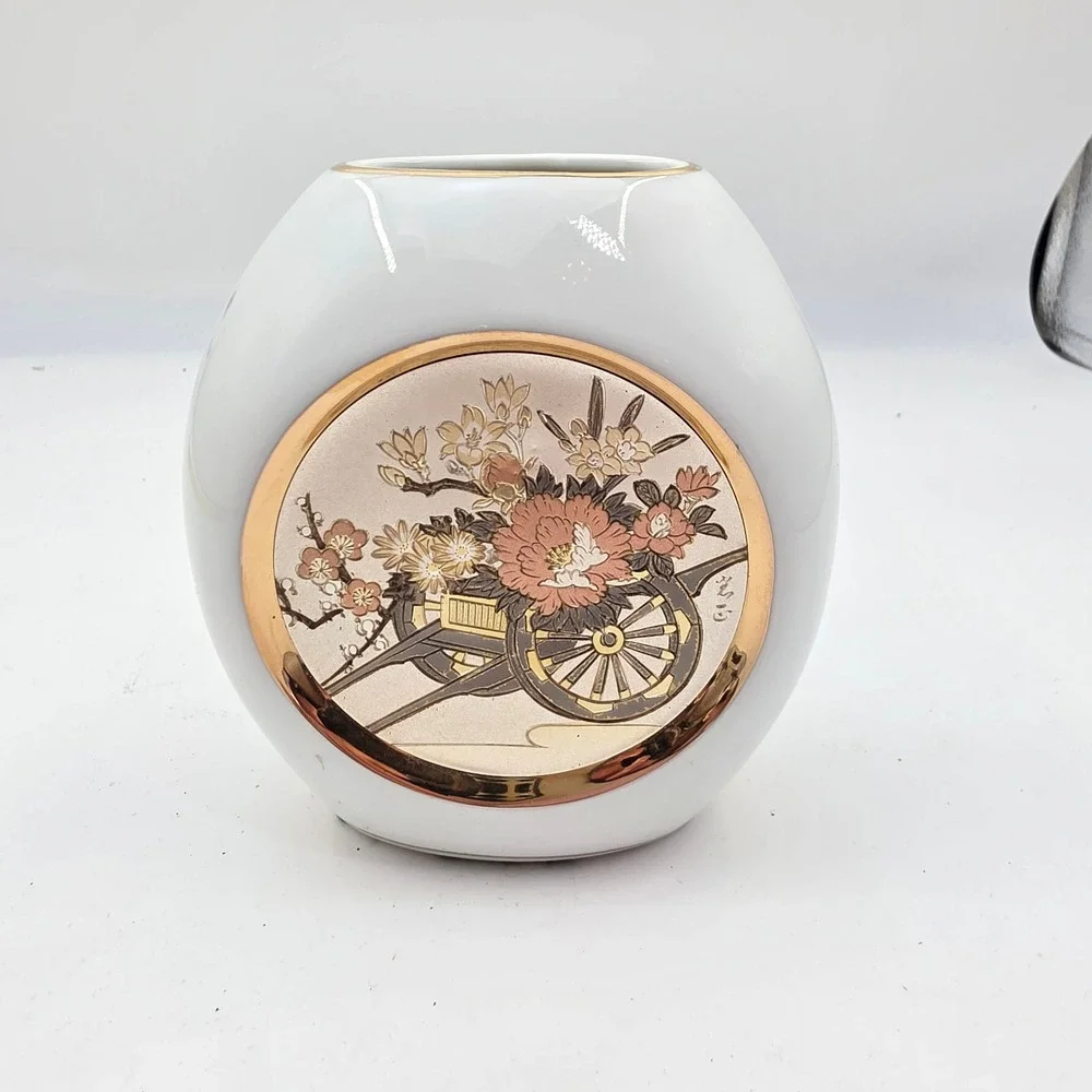 Art of Chokin Japanese Vase 24K Gold Silver Gilded Flower Cart Ceramic 5in N4